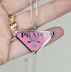 Authentic PRADA Silver PINK  Triangle Pendant Necklace